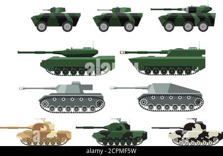 Big Set ein Vektor in flachen Stil der militärischen schweren Maschinen. Panzer in einer Wüste, Stock Vektor