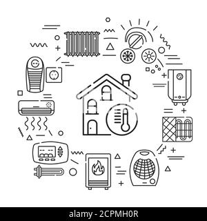 Webbanner für Heizgeräte. Infografiken mit linearen Symbolen auf weißem Hintergrund. Kreative Idee Konzept. Isolierte schwarze Umrissdarstellung Stock Vektor