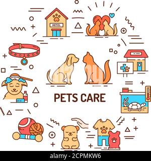 Pets Care Webbanner. Dienstleistungen für Haustiere. Infografiken mit linearen Symbolen auf weißem Hintergrund. Kreative Idee Konzept. Isolierte Umrissfarbe Stock Vektor