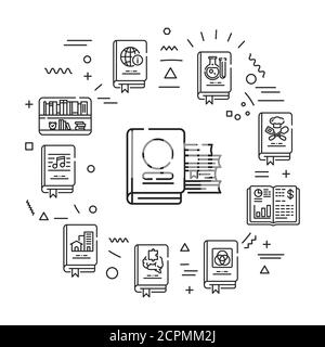 Genres der Bücher Web-Banner. Infografiken mit linearen Symbolen auf weißem Hintergrund. Kreative Idee Konzept. Isolierte schwarze Umrissdarstellung. Stock Vektor