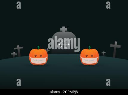 Konzept der glücklichen halloween und neue Normalität in Coronavirus Pandemie. Vektor-Illustration von Kürbissen mit sozialer Distanzierung auf dem Friedhof. Stock Vektor