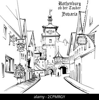 Vektor-Skizze des Weißen Turms oder Weisser Turms in der mittelalterlichen Altstadt von Rothenburg ob der Tauber, Bayern Stock Vektor