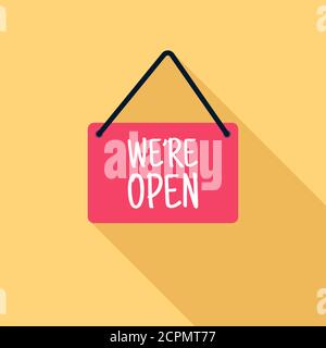 Hängeschild mit Text kommen in wir sind offen Symbol isoliert mit langen Schatten. Business-Thema für Café oder Restaurant. Flaches Design. Vektorgrafik. Stock Vektor
