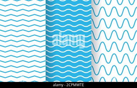 Separate Wellen, wellige endlose Streifen Muster Set, Sammlung. Gewundene Streifen, Riegel, krumme Doodle-Linien. Wasser, Meer, Fluss, Marine, Marinestrukturen Stock Vektor