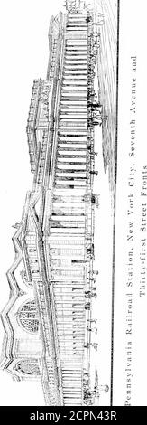 . Der New Yorker Passagierterminal der Pennsylvania Railroad : (im Bau) : kurze Beschreibung der wichtigsten Merkmale der Ingenieurarbeiten . Im ALLGEMEINEN T^DAS Projekt besteht aus der Schaffung eines großen J- Passagierterminals, die das Äquivalent von etwa sechs Cit) Blocks, zwischen Sixth und 10th Avenuesund thirt)-lirst und Thirty-Third Straßen, in der Nähe der Mitte des Einkaufs-und Theaterviertel der Stadt NewYork, Bezirk von INlanhattan, Mit Gleisen auf einer Ebene etwa fünfundvierzig Meter unter den Straßen, und die Errichtvon einem riesigen Passagierbahnhof Gebäude zwischen Seventh und Ei Stockfoto