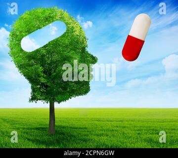 Puzzle Kopf Gehirn psychische Gesundheit Symbol Idee Konzept. Baum in Form von menschlichen Kopf Gesicht Profil mit Schnitt aus Pille Behandlung Medikament Medikament isolieren Stockfoto