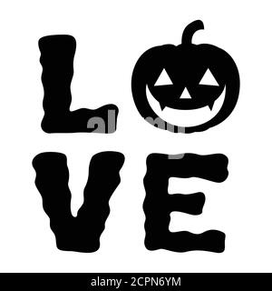 LIEBE Halloween Typografie mit Kürbis. Vektorgrafik. Für Web, Halloween oder gruselige Events, Mode, Grafikdesign Stock Vektor