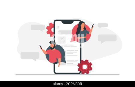 Ein Mann und eine Frau kommunizieren über Nachrichten am Telefon. Dialog Menschen chatten Vektor Illustration Stock Vektor