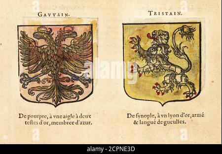 Imaginäre Wappen von König Artus Ritter des Runden Tisches: Gawain mit zweiköpfigen Adler, Tristan mit goldenem Löwen. Chevaliers de la table ronde: GAVVAIN, TRISTAIN. Handkolorierter Holzschnitt aus Hierosme de Bara’s Le Blason des Armoiries, Chez Rolet Bouton, Paris, 1628 Stockfoto