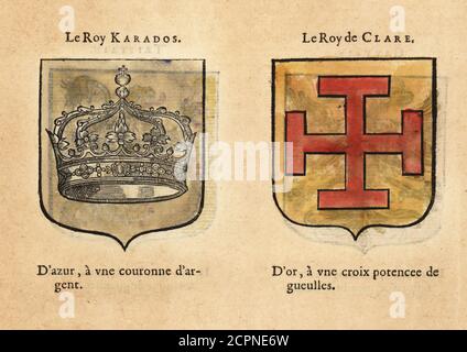 Imaginäre Wappen von König Artus Ritter des Runden Tisches: König Caradoc Vriechvras mit silberner Krone auf blauem Feld und Clariance, König von Northumberland, mit rotem Kreuz auf goldenem Feld. Chevaliers de la table ronde: Le Roy KARADOS, Le Roy de CLARE, Le DUC de CLERENCE, KEUX le Seneschal. Handkolorierter Holzschnitt aus Hierosme de Bara’s Le Blason des Armoiries, Chez Rolet Bouton, Paris, 1628 Stockfoto