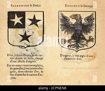 Imaginäre Wappen des ersten und zweiten Kapitels von König Artus Ritters of the Round Table: Sir Sagramore der Hothead mit Sternen, Sir Dodinel der Wilde, mit blauem Adler. Chevaliers de la table ronde: SAGRENIOR le Desire, DODINET le Sauuage. Handkolorierter Holzschnitt aus Hierosme de Bara’s Le Blason des Armoiries, Chez Rolet Bouton, Paris, 1628 Stockfoto