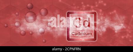 CD-Symbol. Cadmium chemisches Element mit Molekül und Netzwerk auf rotem Hintergrund Stockfoto