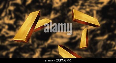 Fallende Goldbarren. Draufsicht. Unscharfer Hintergrund. 3d-Rendering Stockfoto