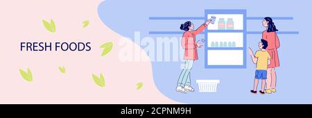 Flyer oder Banner mit Käufern Kauf im Supermarkt flache Vektor-Illustration. Stock Vektor
