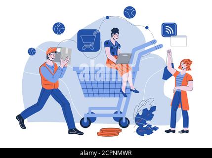 Online-Shopping und E-Commerce-Vorlage mit Menschen Cartoon Vektor Illustration. Stock Vektor