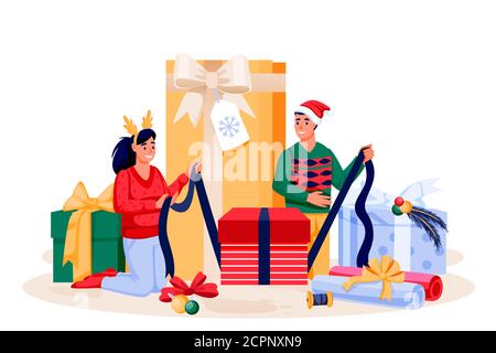 Junges Paar in Urlaub Kostüme Verpackung Weihnachtsgeschenke. Glückliche Familie, die sich auf die Neujahrsfeier vorbereitet. Vektor flache Cartoon-Figuren Illustration. Stock Vektor