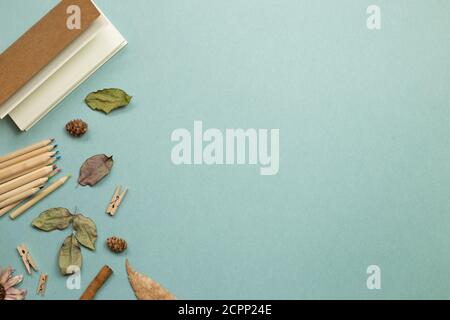 Herbstkonzept. Notizbuch und Holzbleistifte mit trockenen Blättern auf grünem Hintergrund. Flach liegend, Draufsicht, Kopierraum. Arbeits- und Studienort Stockfoto