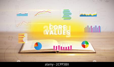 Offenes Buch mit GRUNDWERTEN, neues Geschäftskonzept Stockfoto