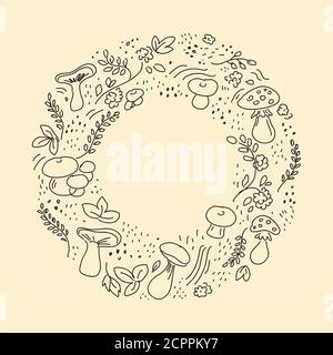Herbst handgezeichnete Hintergrund-Layout schmücken mit Blättern und Pilzen. Ein Doodle für Plakate, ein Faltblatt-Rahmen oder ein Webbanner. Vektorgrafik Stock Vektor
