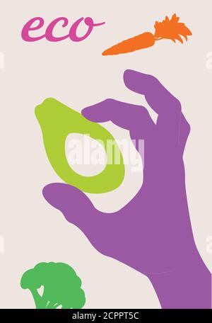 Hand zeigt okey Geste und Gemüse. Einfache Cartoon moderne Vektor-Illustration für Web und Print mit Avocado. Vielfalt der modernen handgezeichneten Hand. Stock Vektor
