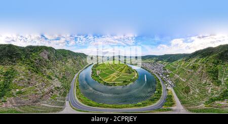 Schleife von Bremm von Calmont an der romantischen Mosel, Mosel. 360-Grad-Panoramaansicht aus der Luft. Rheinland-Pfalz, Deutschland Stockfoto