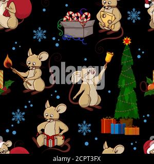 Nahtlose Vektor-Illustration von niedlichen Maus-Charakter klingelt die Glocke auf türkisfarbenem Hintergrund. Vektor Cartoon Stock Illustration.Winterurlaub, Chris Stock Vektor