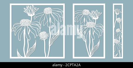Schablone für Laserschneiden und Plotter. Blumen, Blätter, Blumenstrauß zur Dekoration. Vektorgrafik. echinacea Blume. Plotter und Siebdruck. S Stock Vektor