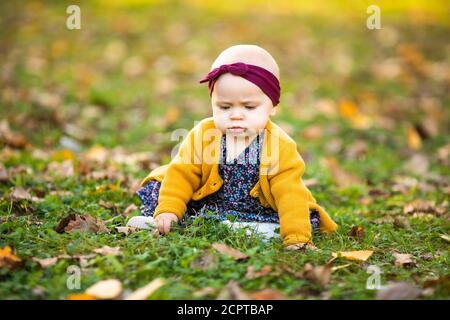 Baby-Mädchen in yelloy Jacke und roten Stirnband sitzen auf dem Gras, spielen in den Herbstblättern. Stockfoto