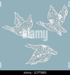 Satz Schablonen. Vogel in Blumen. Grafik Vektor dekorative Elemente. Schablone für Laserschneiden geeignet Stock Vektor