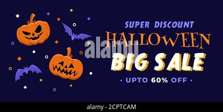 Halloween-Illustration für großen Verkauf Rabatt Banner in flachem Design Mit zwei Kürbissen und Fledermäusen Stock Vektor