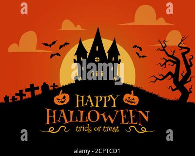 Happy Halloween Hintergrund in flachem Design. Haunted House, Grabsteine und Fledermäuse Silhouetten Stock Vektor