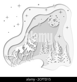 Wolf auf dem Hintergrund des Winterwaldes, heulend auf den Mond im Schnee. Für Dekoration und Design. Schablone für Laserschneiden und Plotter. Vecto Stock Vektor