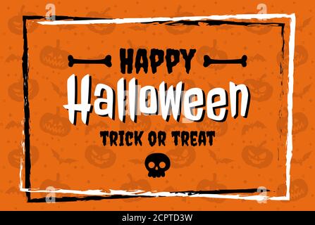 Happy Halloween in flachem Design Schriftzug auf orangefarbenem Musterhintergrund Stock Vektor