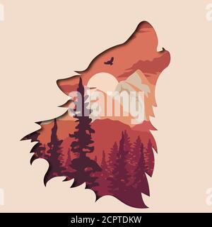 Silhouette des Wolfes. Wilde Natur. Silhouette eines Wolfes und Wildtiere. Logo. Vektorgrafik. Mehrschichtiges Bild Stock Vektor