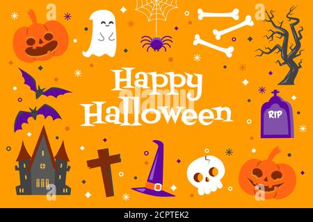 Happy Halloween Hintergrund mit niedlichen Objekten im flachen Design auf Ein gelber Hintergrund Stock Vektor