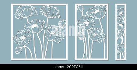 Schablone für Laserschneiden und Plotter. Blumen, Blätter, Blumenstrauß zur Dekoration. Vektor-Illustration. poppy Blume. Plotter und Siebdruck. Serig Stock Vektor