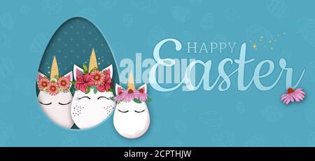 Niedliches Einhorn Ostern Ei Vektor Grafik-Design. Osterfeiertagskonzept. Cartoon Einhorn Kopf mit Blume Krone isoliert auf blauem Hintergrund... Stock Vektor