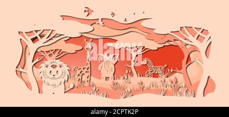 Lasergeschnittenes Papier, Schablone für DIY Scrapbooking. Löwe, Giraffe, Elefant, Zebra. Tiere, Säugetiere, Tierwelt, Vogel, Baumgras Sonnenuntergang in Afrika von plo Stock Vektor