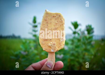 Die Hände des Mannes halten Eis in einem grünen Hintergrund Stockfoto