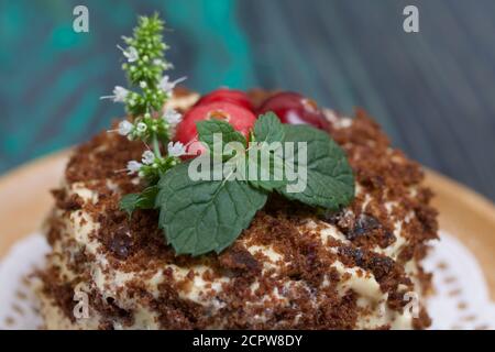 Biskuitkuchen mit Buttercreme. Dekoriert mit Preiselbeeren und Minze. Nahaufnahme. Vor dem Hintergrund von gebürsteten Kiefernbrettern. Stockfoto