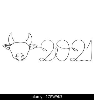 Kontinuierliche Zeichnung eines Stieres Symbol von 2021. Postkarte in einer Zeile. Urlaubselement für Verluste, Kalender. vektor-Illustration... Stock Vektor