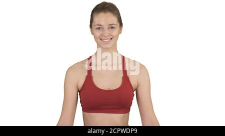 Frau praktiziert Yoga-Meditation lächelt auf weißem Hintergrund. Stockfoto