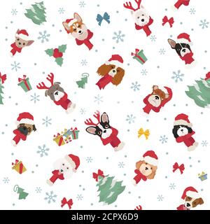 Hundeporträts in Weihnachtsmützen und Schals. Weihnachten Urlaub nahtlose Muster. Vektorgrafik Stock Vektor