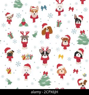 Hundeporträts in Weihnachtsmützen und Schals. Weihnachten Urlaub nahtlose Muster. Vektorgrafik Stock Vektor