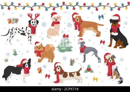 Hund Zeichen in Santa Hüte und Schals. Weihnachtsdesign. Vektorgrafik Stock Vektor