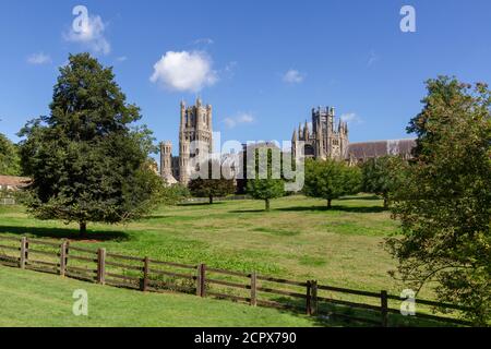 Ely Cathedral vom Cherry Hill Park aus gesehen, Ely, Cambridgeshire, Großbritannien. Stockfoto