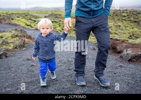 Lächelndes Kleinkind Kind, Junge, posiert vor schönen wolligen Moos an einem regnerischen Tag in Island, Herbstzeit Stockfoto