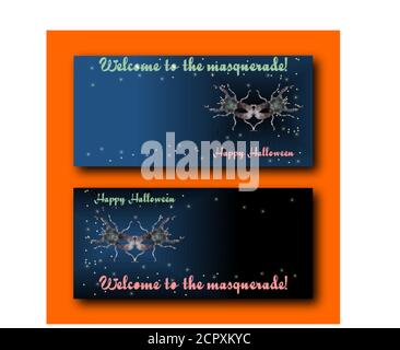 Halloween Banner mit einer Käfermaske. Happy Halloween Text. Vektorgrafik. Stock Vektor