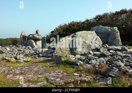 Trefignath ist eine neolithische Grabkammer in der Nähe von Trearddur, Holy Island, Anglesey in Nordwales. Es umfasst drei Steingräber. Stockfoto