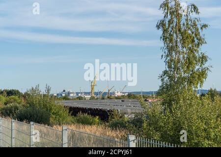 Deutschland. Rügen, Port Mukran, 17. September 2020. Hafen von Mukran, in der Nähe von Sassnitz auf der Insel Rugen am 17. September 2020. Nordstream 2-Pipeline Stockfoto